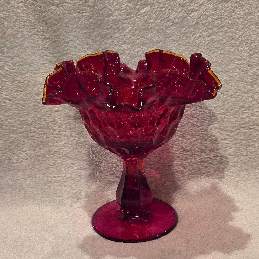 Vintage Fenton Ruby Red Thumbprint Glass‎ Pedestal Compote Cadmium Glow on Rim